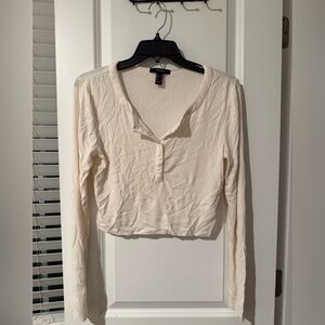 Forever 21 Cream Long Sleeve Henley Crop Top
